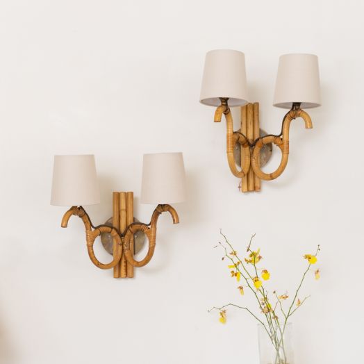 Pair of French Two-Arm Rattan Sconces