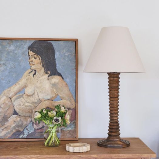 Large French Carved Wood Table Lamp by Charles Dudouyt